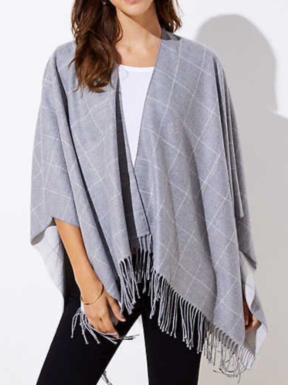 LOFT Reversible Gray Windowpane Plaid Fringe Poncho Wrap Cape One Size